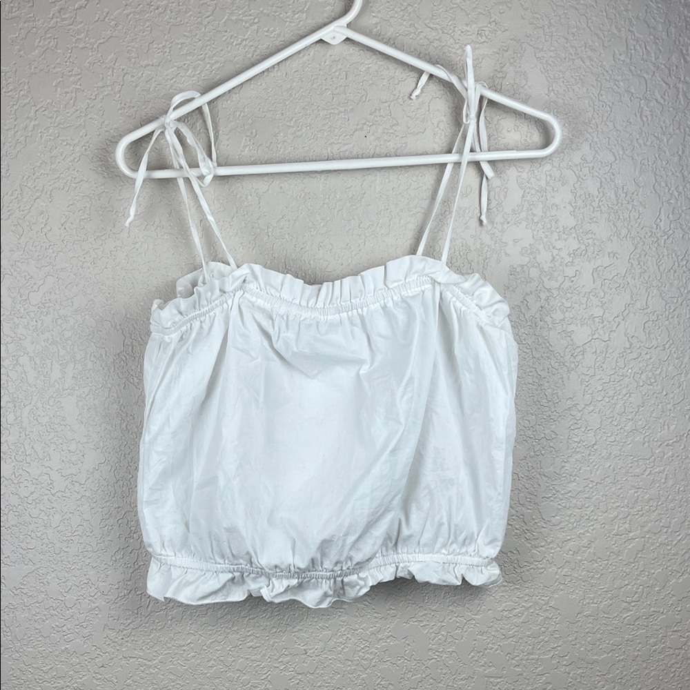 White Ruffled Tie-Strap Top Tank Top Cropped Size Large